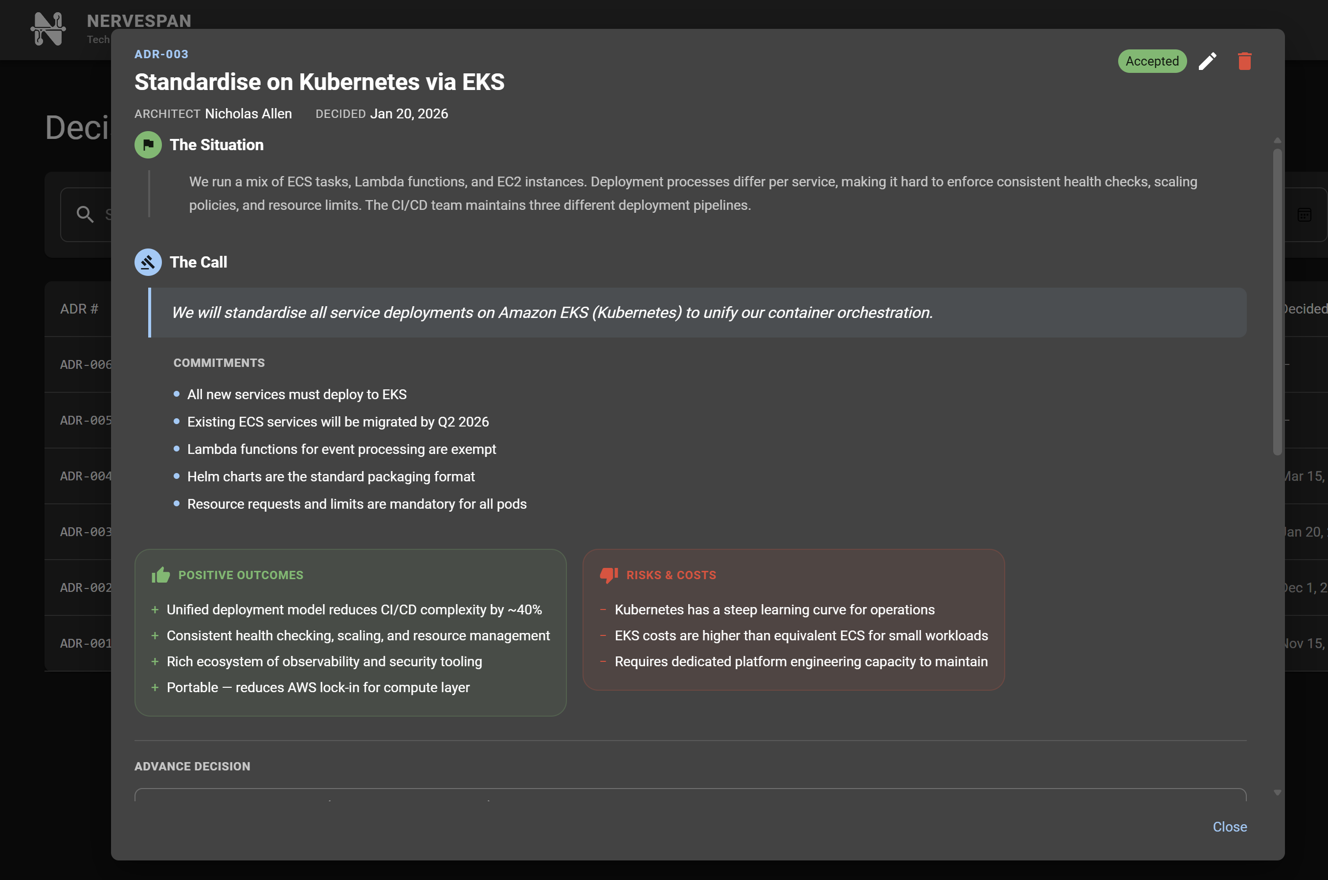 Architecture Decision Records with structured trade-off analysis